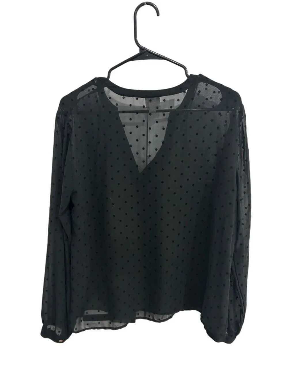 A New Day Large Black Sheer Polka Dot V-Neck Blouse Romanticcore Retro